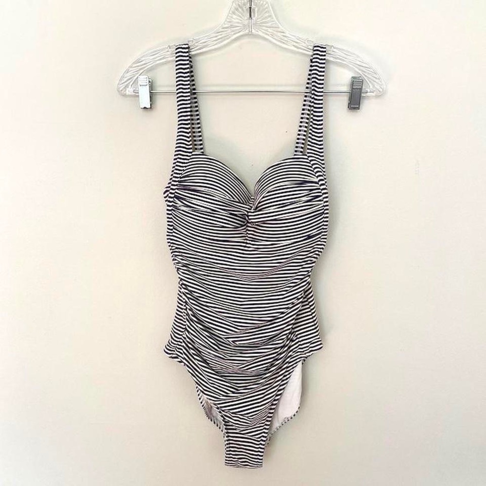 Black and white pinstripe one piece bathing suit, size 10